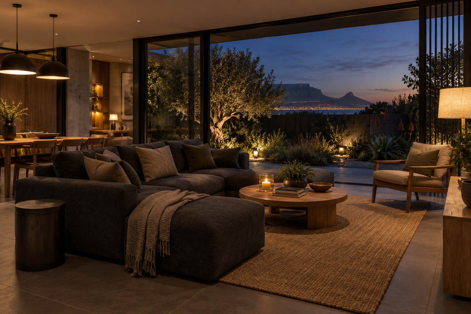 A contemporary living room with warm evening lighting